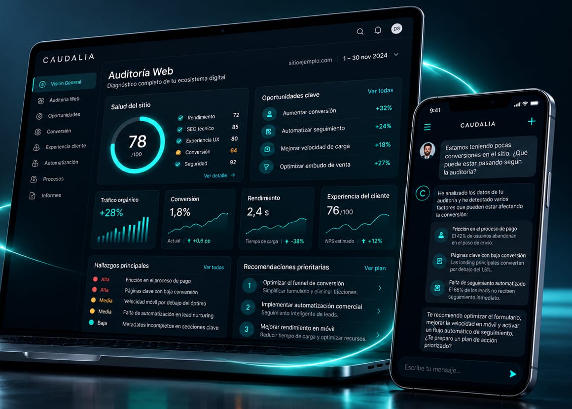 Ilustración conceptual: un panel de auditoría web de Caudalia en un portátil y un asistente de IA en un teléfono que propone mejoras. Las cifras de la imagen son ilustrativas, no resultados reales.